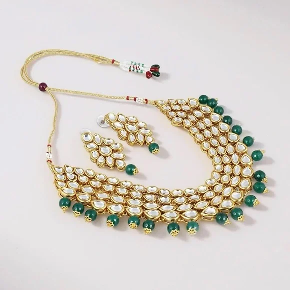 Kundan Gold and Green Necklace Set - Picture 1 of 4